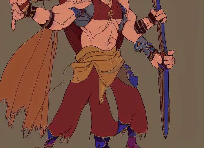 Prompt: official digital painting artwork of a male warrior character by don bluth.