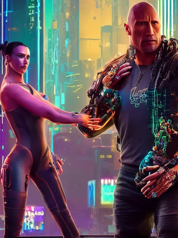 Image similar to a cyberpunk 2077 portrait of Dwayne Johnson holding a female android dancer with tango pose,complex mess of cables and wires behind them connected to giant computer, love moive,film lighting, by laurie greasley,Lawrence Alma-Tadema,William Morris,Dan Mumford, trending on atrstation, full of color,face enhance, highly detailed,8K, octane,golden ratio,cinematic lighting