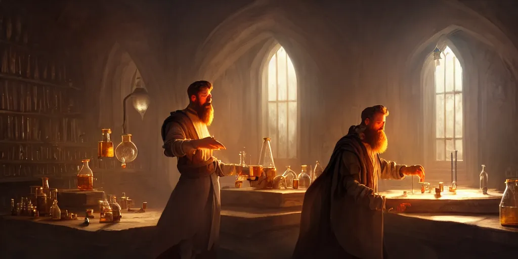 Prompt: a handsome bearded caucasian male sorcerer with brown hair, he is in a alchemist lab filled with beakers and equipment, casting a spell from a open book, neutral pose, digital art, concept art, epic composition, 4 k, light rays, super coherent, by dave melvin and greg rutkowski