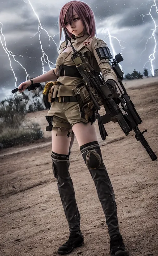 Image similar to highly detailed, high resolution, cosplay photo, stunning, realistic lightning, real sunset, in the middle of the battlefield, girls frontline style, bokeh soft, 100mm, trending on facebook, by professional photographer, realistic anatomy, realistic military rigs, full body suit