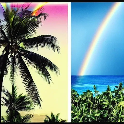 Image similar to miracle musical Hawaii part ii album cover, showing an ocean in the background, spiral transparent stairs on the left with tall palm trees behind it, a slight rainbow in the background, white outline border, moon in the right top area black and white except for the rainbow album cover