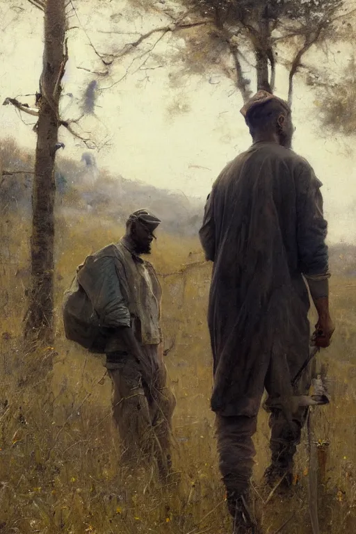 Image similar to Solomon Joseph Solomon and Richard Schmid and Jeremy Lipking painting full length portrait painting of a young man going to work in the field