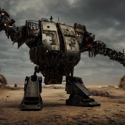 Prompt: A large mech full body, facing forward bleak tone, post apocalyptic setting, Nuttavut Baiphowongse, Mark Armstron, amad, rendered by octane, 8k, ultra 8k, hyper realistic, photorealistic, photo