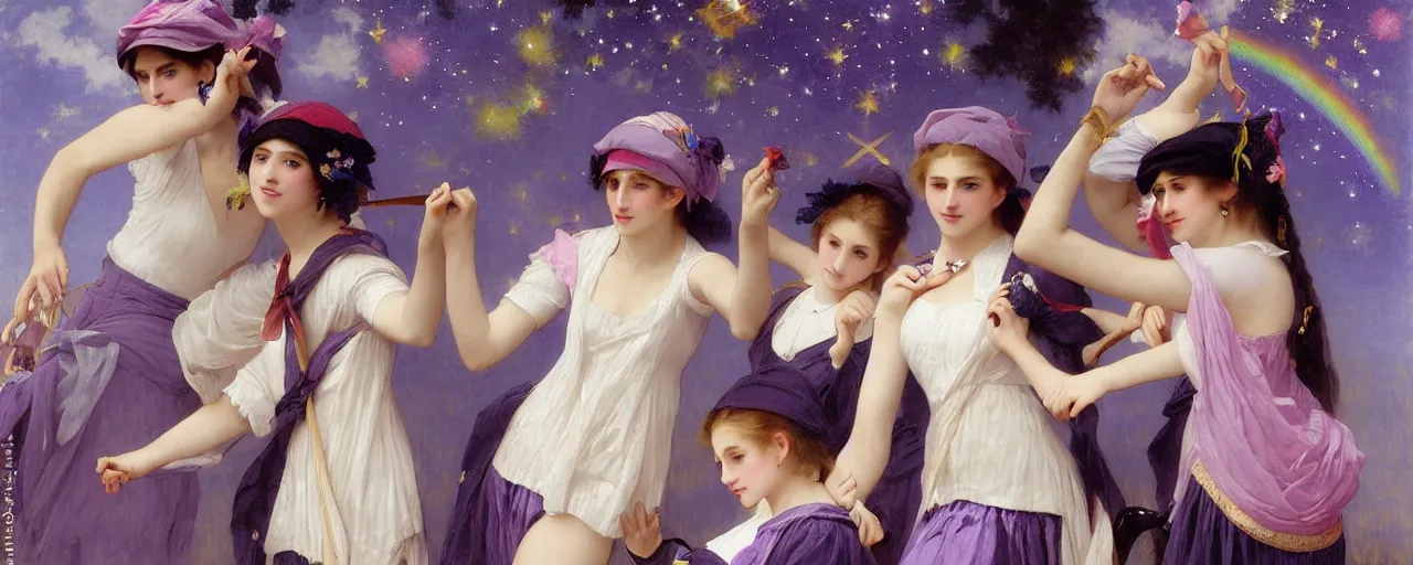 Image similar to A character sheet of full body cute magical girls with short blond hair wearing an oversized purple Beret, Purple overall shorts, Short Puffy pants made of silk, pointy jester shoes, a big billowy scarf, and white leggings. Rainbow accessories all over. Flowing fabric. Covered in stars. Short Hair. Art by william-adolphe bouguereau and Paul Delaroche and Alexandre Cabanel and Lawrence Alma-Tadema and WLOP and Artgerm. Fashion Photography. Decora Fashion. harajuku street fashion. Kawaii Design. Intricate, elegant, Highly Detailed. Smooth, Sharp Focus, Illustration Photo real. realistic. Hyper Realistic. Sunlit. Moonlight. Dreamlike. Surrounded by clouds. 4K. UHD. Denoise.