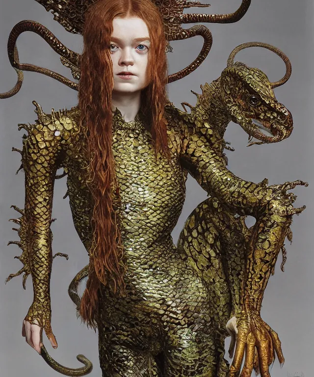 Prompt: a portrait photograph of a fierce sadie sink as a strong alien harpy queen with amphibian skin. she is dressed in a fiery lace shiny metal slimy organic membrane catsuit and transforming into a snake horse. by donato giancola, walton ford, ernst haeckel, peter mohrbacher, hr giger. 8 k, cgsociety, fashion editorial