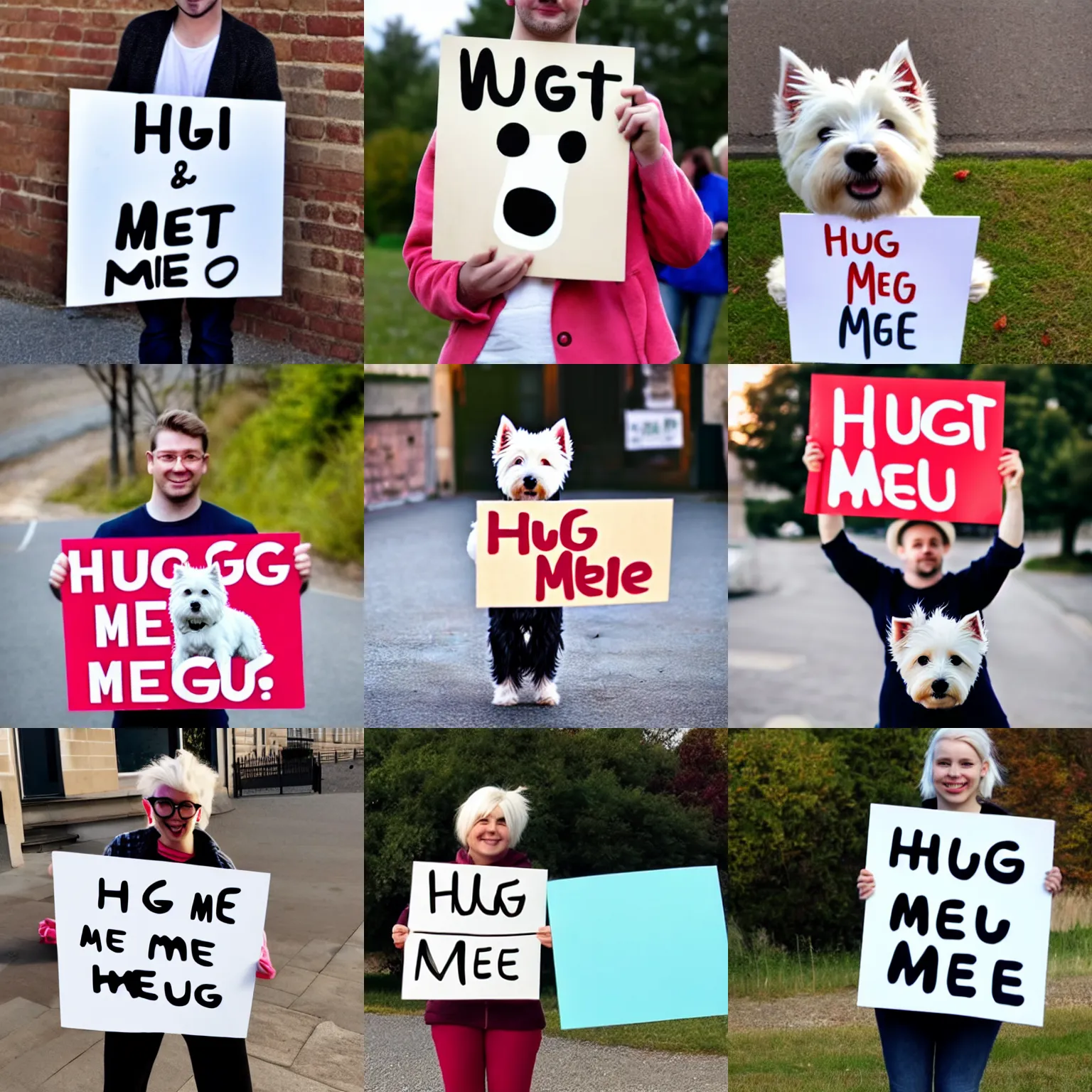 Prompt: a westie holding a sign that says hug me