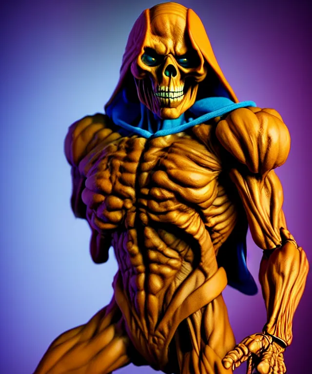 Image similar to hyperrealistic rendering, skeletor, by art of skinner and richard corben and jeff easley, product photography, action figure, sofubi, studio lighting, colored gels