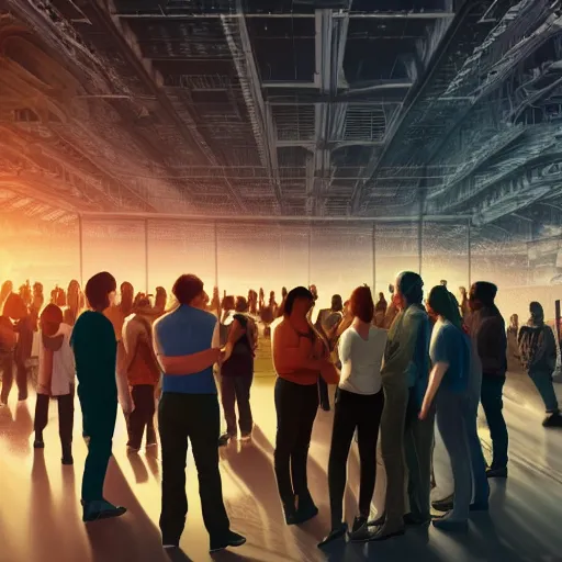 Image similar to large group people in a warehouse, looking at hologram of futuristic city on a table, cinematic concept art, godrays, golden hour, natural sunlight, 4 k, clear details, tabletop model buildings, tabletop model, hologram center, crane shot