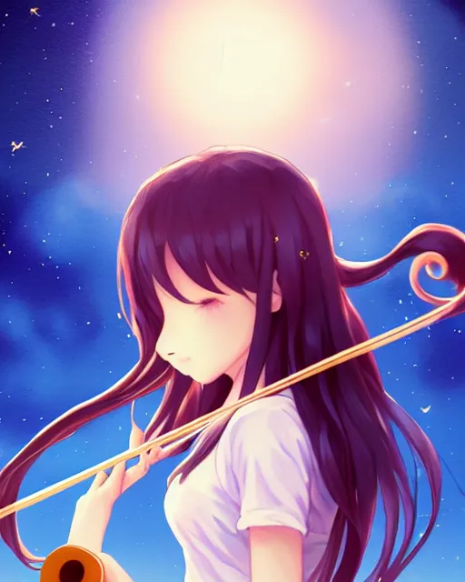 Image similar to teen, cute, melancholy, full body, cat girl, white skin, golden long wavy hair, holding a violin and playing a song, stunning art style, filters applied, lunar time, night sky, trending art, sharp focus, centered, landscape shot, fate zero, simple background, studio ghibly makoto shinkai yuji yamaguchi, by wlop