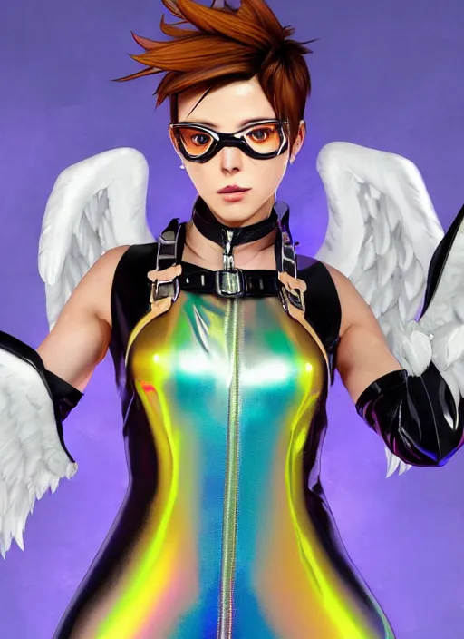 Image similar to portrait bust digital artwork of tracer overwatch, wearing iridescent rainbow latex and leather straps catsuit outfit, expressive happy face, makeup, in style of mark arian, angel wings, wearing detailed leather collar, chains, black leather harness, detailed face and eyes,