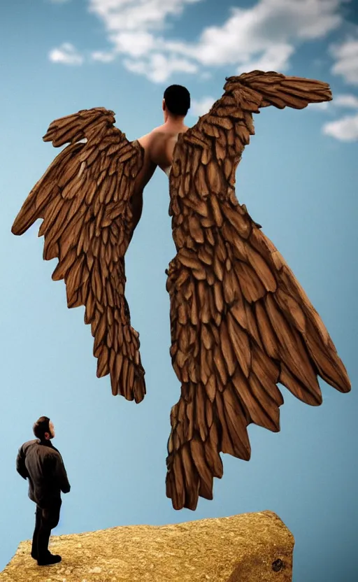 Prompt: a man standing on a cliff ready to jump with his home made wings made out of wood, photorealistic,