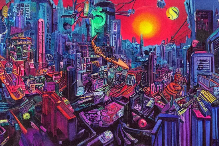 Image similar to surreal colorful nightmarish cityscape, artwork by Ralph Bakshi