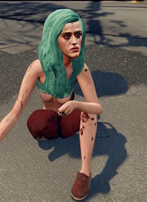 Prompt: Homeless portrait of bruised Katy Perry in scrappy clothing, in GTA V, Stephen Bliss