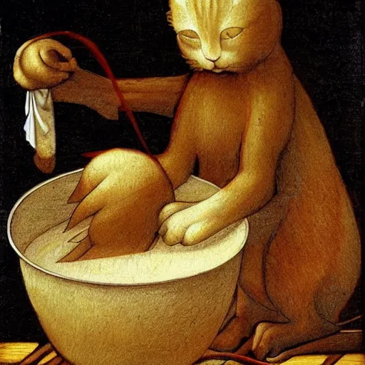 Image similar to the cat cooks soup, stirring a pot with a ladle and cutting vegetables, oil painting, drawn by Leonardo Da Vinci