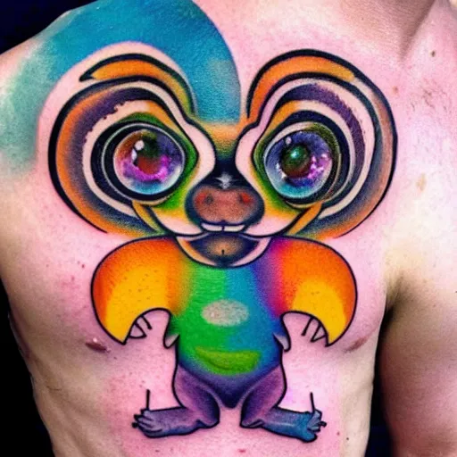 Image similar to shoulder tattoo of a multicolored hallucinating cute bush baby, eyes are rainbow spirals, happy mood, surrounded with colorful magic mushrooms and rainbowcolored marihuana leaves, insanely integrate