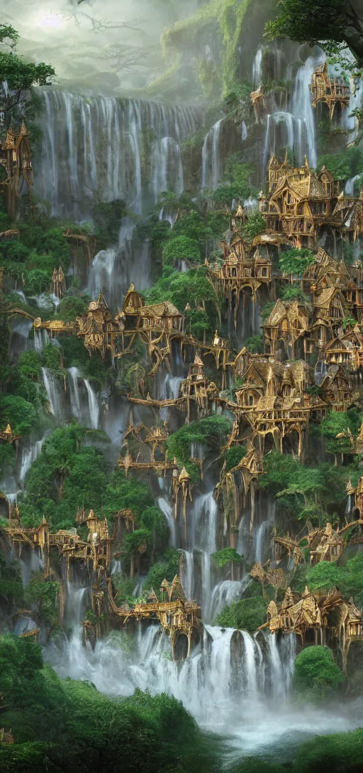 Prompt: wooden elven City with golden roofs, arches and bridges on top of a WATERFALL in the fall, gnarly trees, lush vegetation, forrest, a small stream runs beneath the waterfall, landscape, raphael lacoste, eddie mendoza, alex ross, john howe, concept art, matte painting, highly detailed, rule of thirds, dynamic lighting, cinematic, detailed, denoised, centerd