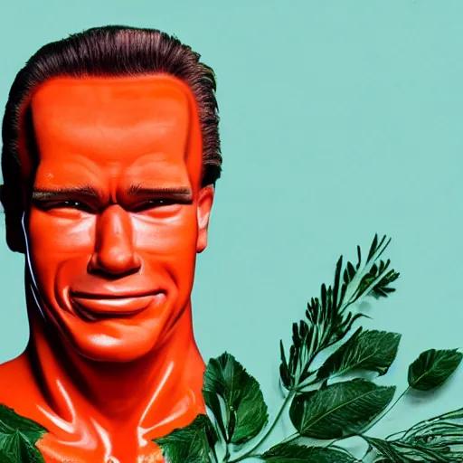 Prompt: photo of a human carrot!!! with the face of arnold schwarzenegger!!! with green leaf leaves!! as hair