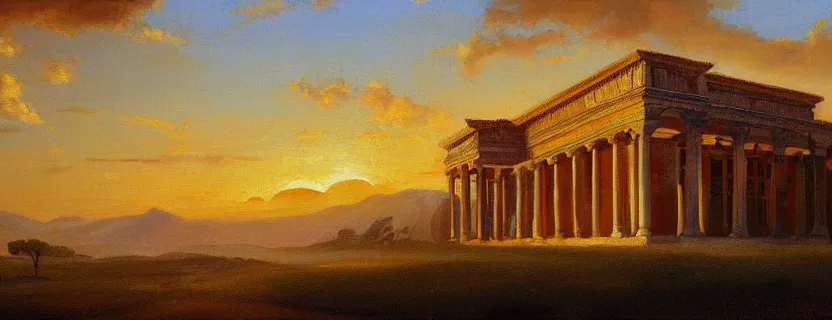 Prompt: oil landscape painting of a gigantic greek mansion, golden hour, concept art, renaissance, warm colors, wallpaper, 4 k, realistic lighting, brushstrokes, ultra - wide, minimalistic, cinematic composition