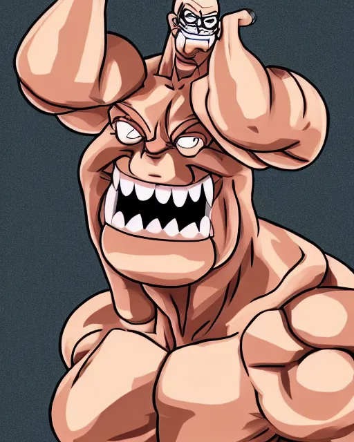 Image similar to Eustace Bagge as a bodybuilder anime villain, drawn by Yusuke Murata, full color, high octane, trending on artstation, digital art