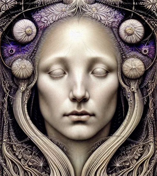 Prompt: detailed realistic beautiful solstice goddess face portrait by jean delville, gustave dore, iris van herpen and marco mazzoni, art forms of nature by ernst haeckel, art nouveau, symbolist, visionary, gothic, neo - gothic, pre - raphaelite, fractal lace, intricate alien botanicals, ai biodiversity, surreality, hyperdetailed ultrasharp octane render