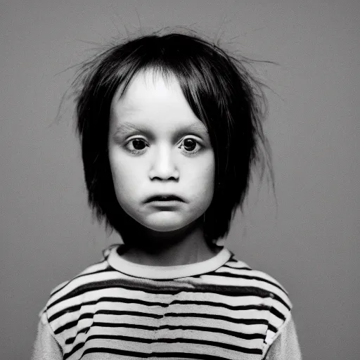 Prompt: the face of punk rock alien at 5 years old wearing balenciaga clothing, black and white portrait by julia cameron, chiaroscuro lighting, shallow depth of field, 8 0 mm, f 1. 8