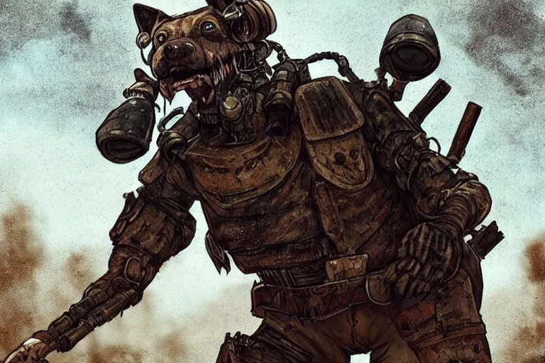 Image similar to a good ol'hound dog fursona ( from the furry fandom ), heavily armed and armored facing down armageddon in a dark and gritty version from the makers of mad max : fury road. witness me.