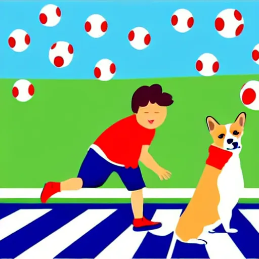 Image similar to illustration of french boy in paris playing football against a corgi, the dog is wearing a polka dot scarf