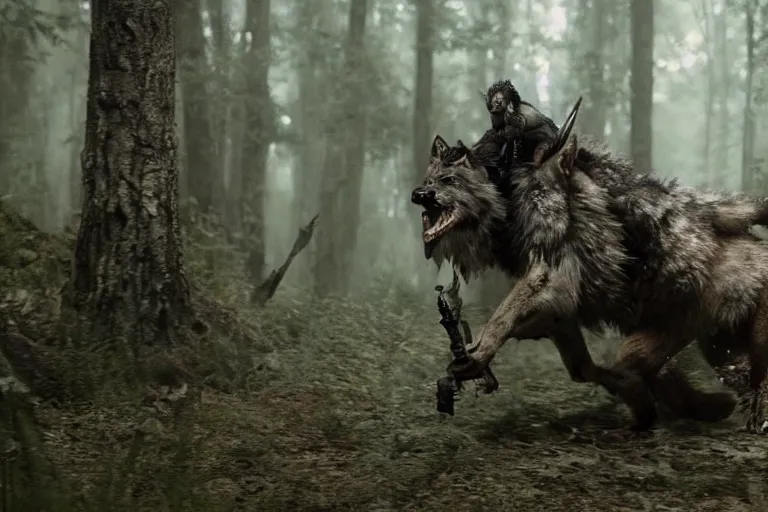 Image similar to vfx movie closeup detailed ancient armored warrior orc hunting riding large wolf in the forest, natural lighting by emmanuel lubezki