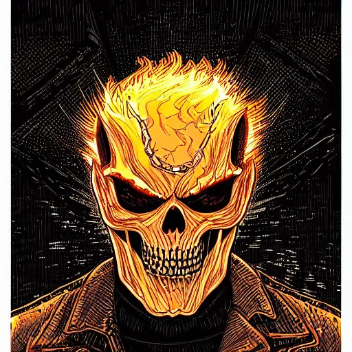 Prompt: an intricate vintage headshot of ghost rider by Dan Mumford