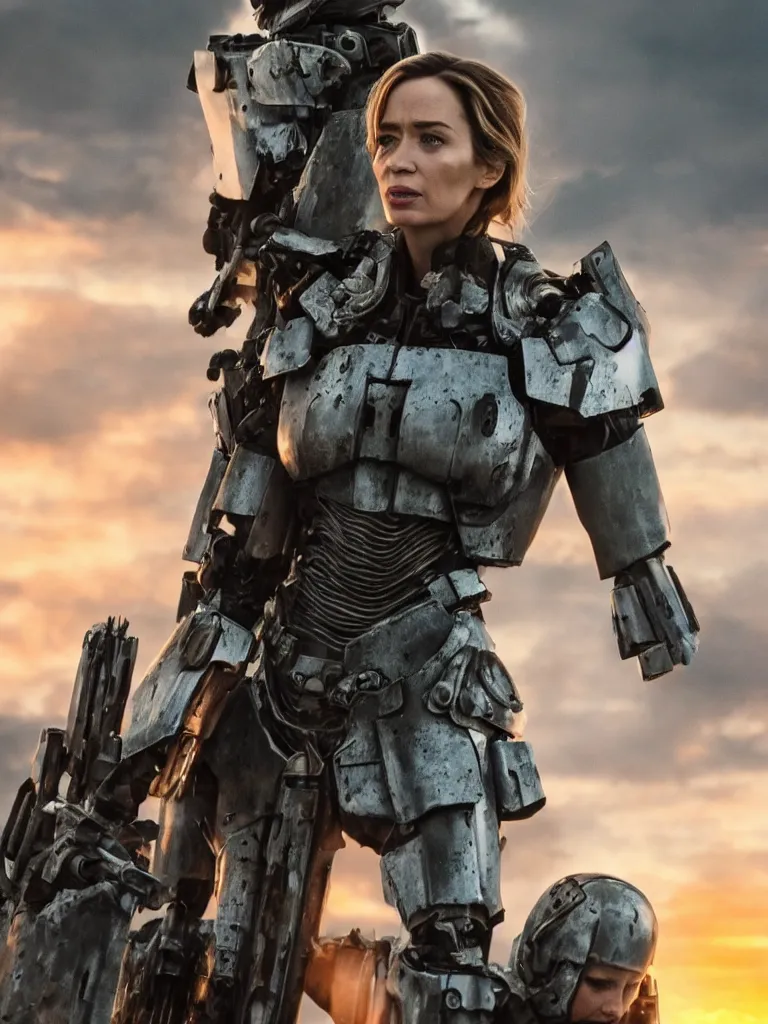 Image similar to emily blunt in futuristic power armor, holding a sword, edge of tomorrow, angel of verdun, sunset