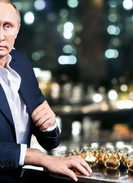 Image similar to a professional photo of person looking like vladimir putin sitting on bar, hand on table, wear watches looking like rolex watches, taken in night club, blur background