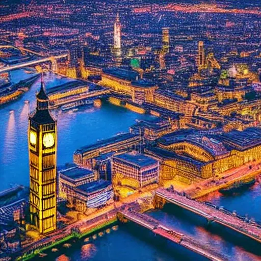 Image similar to Cyberpunk city, Big Ben, the Westminster, River Thames, flying aircrafts, neon