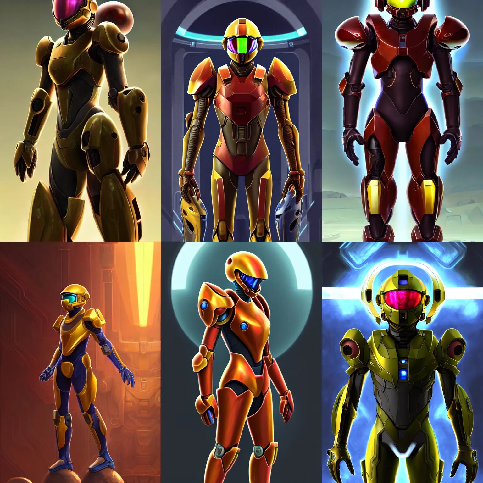 Prompt: character portrait of a helmeted samus aran from metroid wearing combination halo armor and gravity suit standing cautiously in an ancient temple, 8 k, realistic shading, digital painting, video game, matte painting, concept art, illustration, halo infinite, metroid, good value control, tense atmosphere, minimal artifacts, moody lighting, vibrant colors, john singer sargent