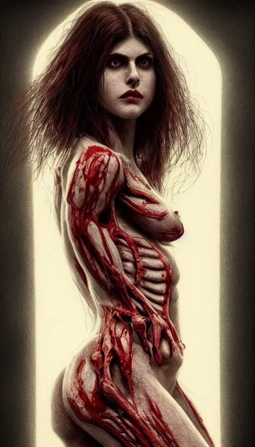 Image similar to woman skeleton body!!, black bones!!, covered with blood, alexandra daddario face!!, long red hair, ultra realistic, concept art, intricate details, highly detailed, photorealistic, octane render, 8 k, unreal engine. retro film still, heavy grain, 3 5 mm, art by artgerm and greg rutkowski and alphonse mucha