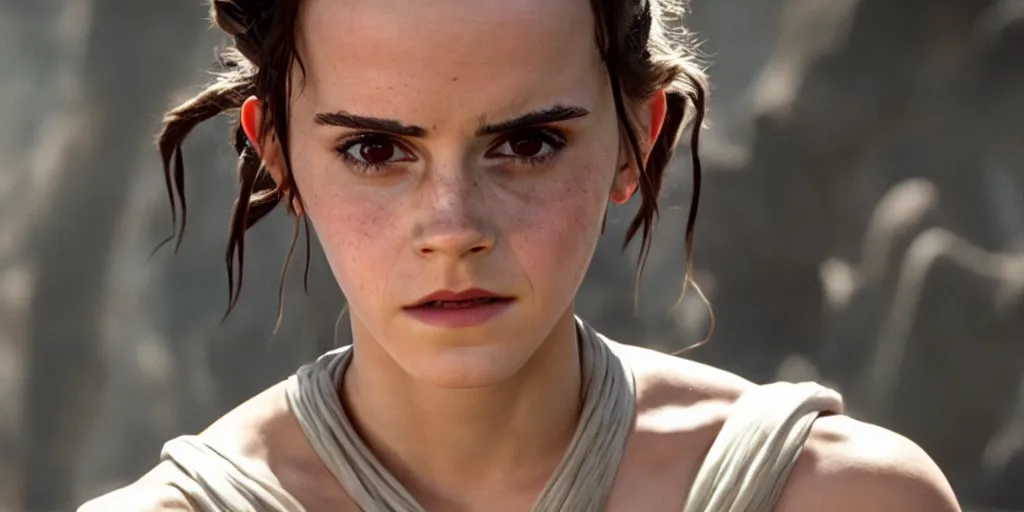 Image similar to emma watson as rey in the new star wars movie, cinematic, detailed, ultrawide