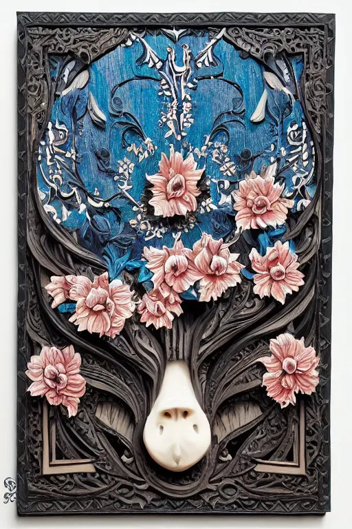 Image similar to Painted dark-wood panel relief carving of a close up of a Flowerpunk Piglet, White and pale blue toned, ornate border frame, explosion of colorful flowers, dark wood, intricately carved, black ink, festival of rich colors, intricate details, cinematic lighting, volumetric lighting, post-processing, art nouveau, tarot, fractal art, mandala, by andreas rocha and john howe, and Martin Johnson Heade, featured on artstation, featured on behance, golden ratio, hyper detailed, photorealistic, epic composition, center spotlight, f32, well composed, symmetrical, UE5, 8k