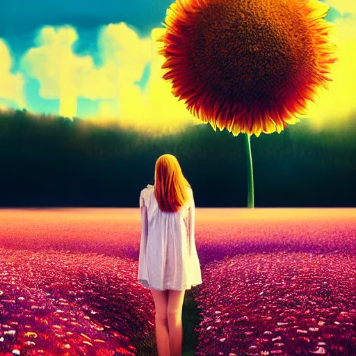 Image similar to giant daisy flower head, full body girl standing in a flower field, surreal photography, sunrise, dramatic light, impressionist painting, colorful clouds, digital painting, artstation, simon stalenhag