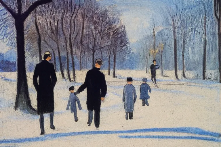 Image similar to a very tall man with dark hair holding the hands of a short young boy as they walk in a park on a bright beautiful winter day. part in the style of an edgar degas painting. part in the style of david hockney