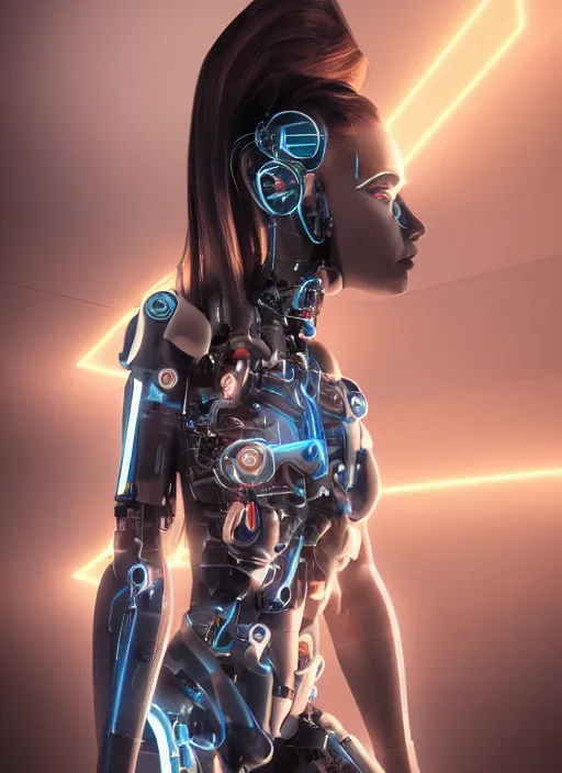 Image similar to photorealistic detailed full body picture of a female cyborg, pretty face with arms and legs, glamour pose, long hair, neon lights, humanoid, extreme, uhdr, book called the most influental cyborg in 2 0 5 0, fine details, highly detailed, intricate, smooth sharp focus, symmetrical features, environmental portrait