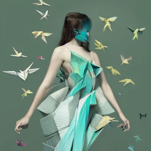 Image similar to 3 / 4 view of a beautiful girl wearing an origami dress, eye - level medium shot, hummingbirds, elegant, by eiko ishioka, givenchy, edgar degas, by peter mohrbacher, centered, fresh colors, origami, fashion, detailed illustration, vogue, high depth of field, japanese, reallusion character creator