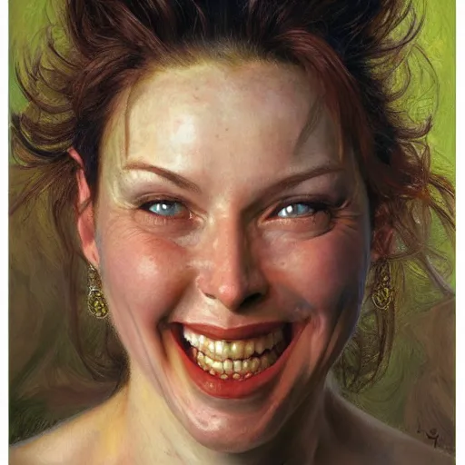 Image similar to frontal portrait of a woman so happy, her face hurts, by donato giancola.