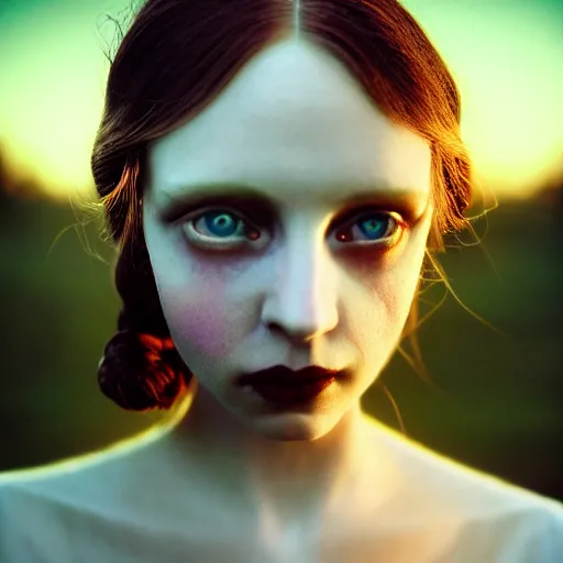 Image similar to photographic portrait of a stunningly beautiful english gothic renaissance female in soft dreamy light at sunset, soft focus, contemporary fashion shoot, in a tim burton movie, by edward robert hughes, annie leibovitz and steve mccurry, david lazar, jimmy nelsson, extremely detailed, breathtaking, hyperrealistic, perfect face, octane render