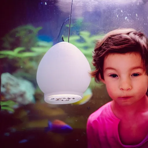 Image similar to closeup portrait of beautiful kid looking through a aquarium fish ball, the kid is in a tent with a lantern, excitement, surprise, happiness, professional photoshoot, kodak portra, photographed in film, soft and detailed, realistic, bokeh