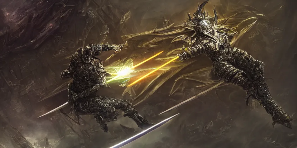 Prompt: legendary cybernetic full long sharp sword lying flat on a glowing table with a black and iridescent sword blade, digital award winning hd matte painting, intimate dark moody, intricate, ornate spikes, colorful gems on hilt, detailed realistic raytraced blade, future golden technological pommel, in the style of greg rutkowski and krenz cushart, deviantart