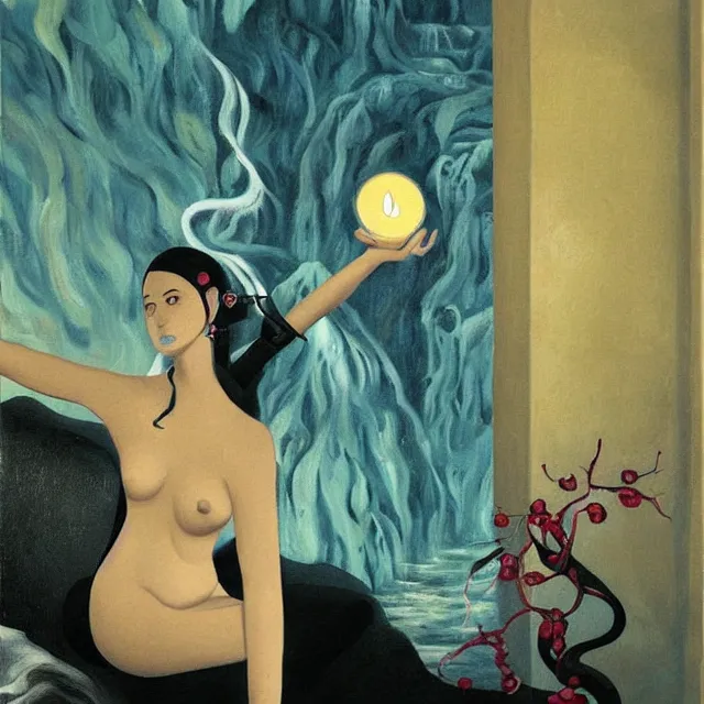 Image similar to tall female catgirl artist holding a skull in her flooded apartment, pomegranates, octopus, water gushing from ceiling, painting of flood waters inside an artist's apartment, a river flooding indoors, candles, ikebana, zen, rapids, waterfall, black swans, canoe, berries, acrylic on canvas, surrealist, by magritte and monet