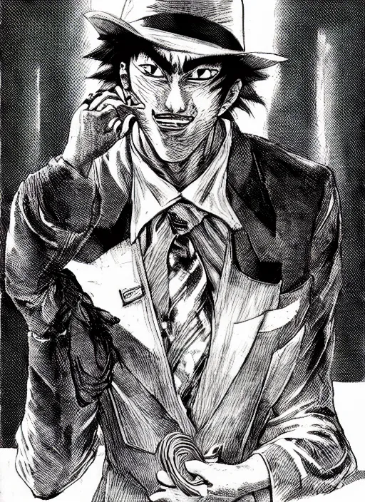 Image similar to portrait of a snake oil salesman by Kentaro Miura, it idn't greasy