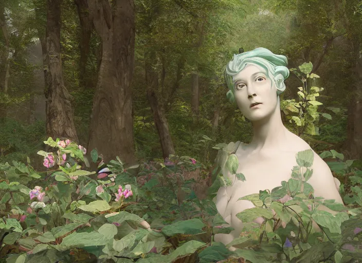 Prompt: a portrait of idealistic marble statue with fractal flowery hair and fair porcelain face and green eyes, in a magical forest, painted by, mc escher, gordon onslow ford, georgia o'keeffe and ivan aivazovsky, cinematic light, god rays, colourful, unreal engine, zbrush central,
