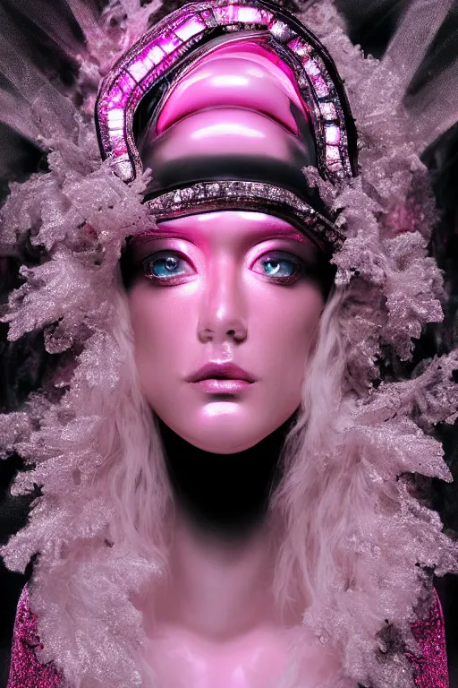 Prompt: hyper detailed ultra sharp portrait of baroque and bladerunner delicate glowing diamond sculpture of seductive muscular albino young king, pink diamond black metallic sphinx iridescent humanoid deity wearing black cloak holding a prismatic gem, glowing pink face, crown of white diamonds, cinematic lighting, photorealistic, octane render 8 k depth of field 3 d