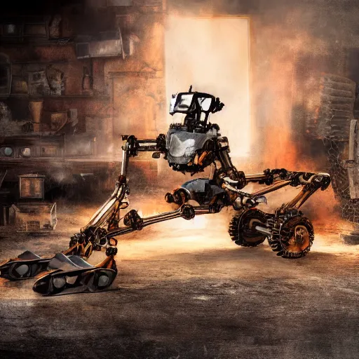 Image similar to wheelbarrow mecha, dark messy smoke - filled cluttered workshop, dark, dramatic lighting, orange tint, sparks, cinematic, highly detailed, sci - fi, futuristic, movie still