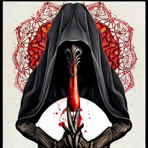 Image similar to 4K headshot portrait of godlike Plague Doctor of Nazareth with defined arms and open hands and bloody clothes with giant mandala wings , intricate face , flawless anime cel animation by Kentaro Miura, psychedelic , highly detailed upper body , professionally post-processed , beautiful, scary, symmetry accurate features, epic, octane rendered, anime masterpiece, accurate by Craig Mullins, ilya kuvshinov, krenz cushart, epic , artgerm trending on artstation by Edward Hopper and Dan Mumford and WLOP and Rutkovsky, beksinski carl spitzweg moebius and tuomas kocar, intricate artwork by caravaggio, Unreal Engine 5, Lumen, Nanite